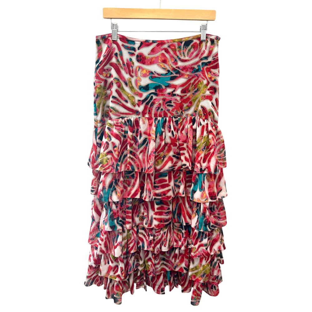 TUNIQUE Abstract Tiered Ruffle Skirt Pink Red Teal Boho Festival Artsy Large